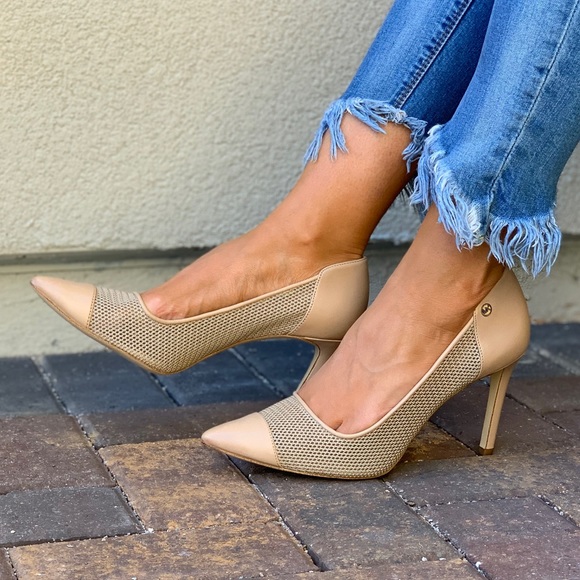 Tan Leather Perforated Mesh Stiletto Heel Pump - Picture 6 of 8